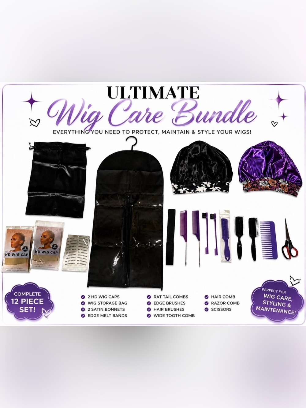 Ultimate Wig Care & Styling Bundle | Black & Purple 12-Piece Wig Maintenance Kit